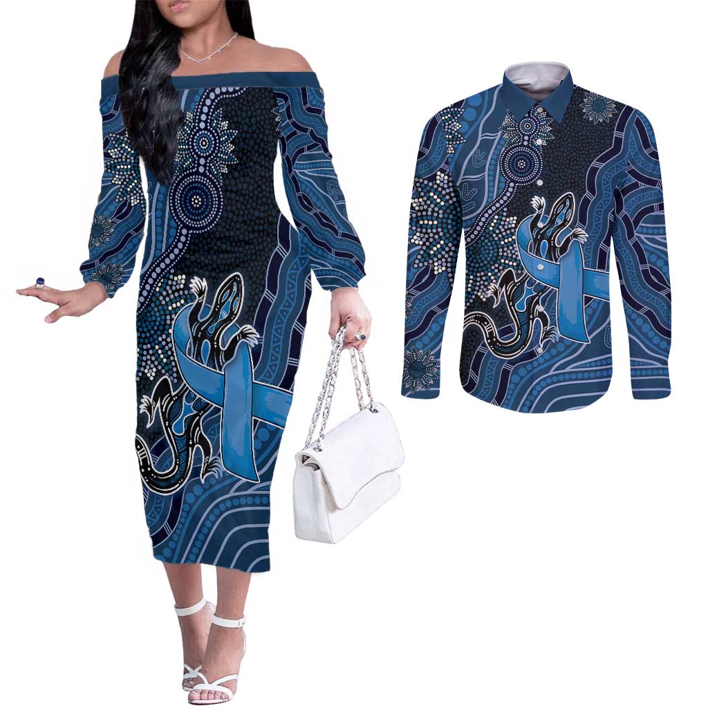 Personalised Autism Awareness Couples Matching Off The Shoulder Long Sleeve Dress and Long Sleeve Button Shirt Hope Ribbon And Aboriginal Patterns
