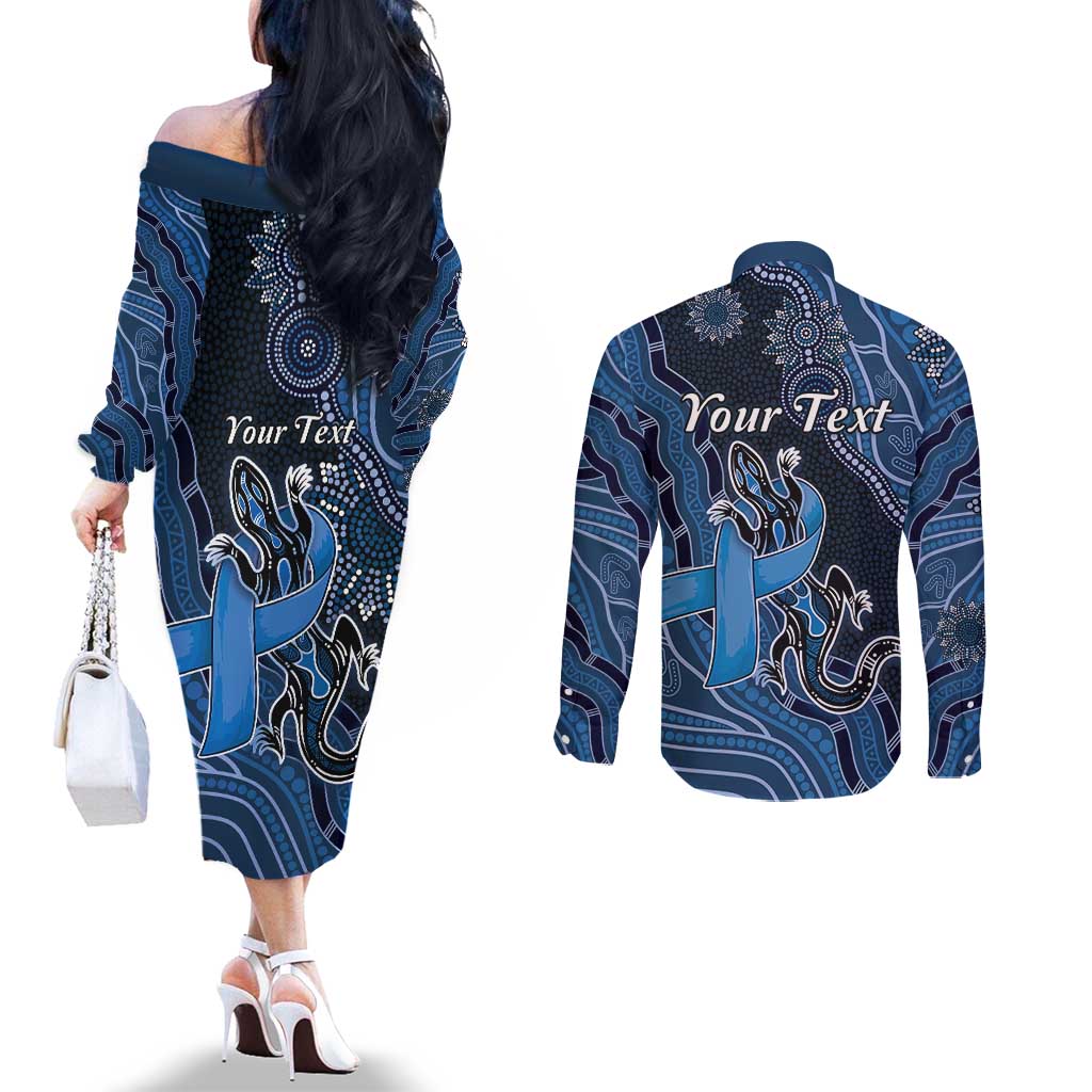 Personalised Autism Awareness Couples Matching Off The Shoulder Long Sleeve Dress and Long Sleeve Button Shirt Hope Ribbon And Aboriginal Patterns