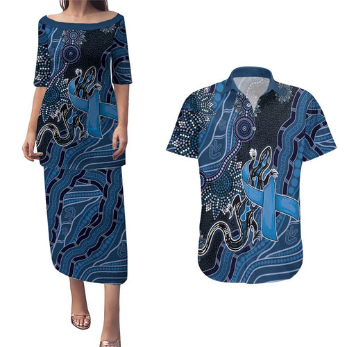 Personalised Autism Awareness Couples Matching Puletasi and Hawaiian Shirt Hope Ribbon And Aboriginal Patterns