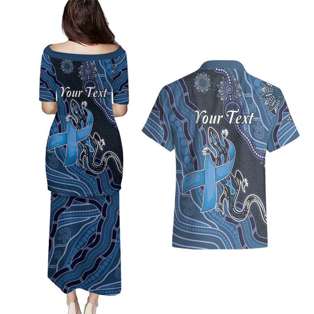 Personalised Autism Awareness Couples Matching Puletasi and Hawaiian Shirt Hope Ribbon And Aboriginal Patterns