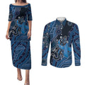 Personalised Autism Awareness Couples Matching Puletasi and Long Sleeve Button Shirt Hope Ribbon And Aboriginal Patterns