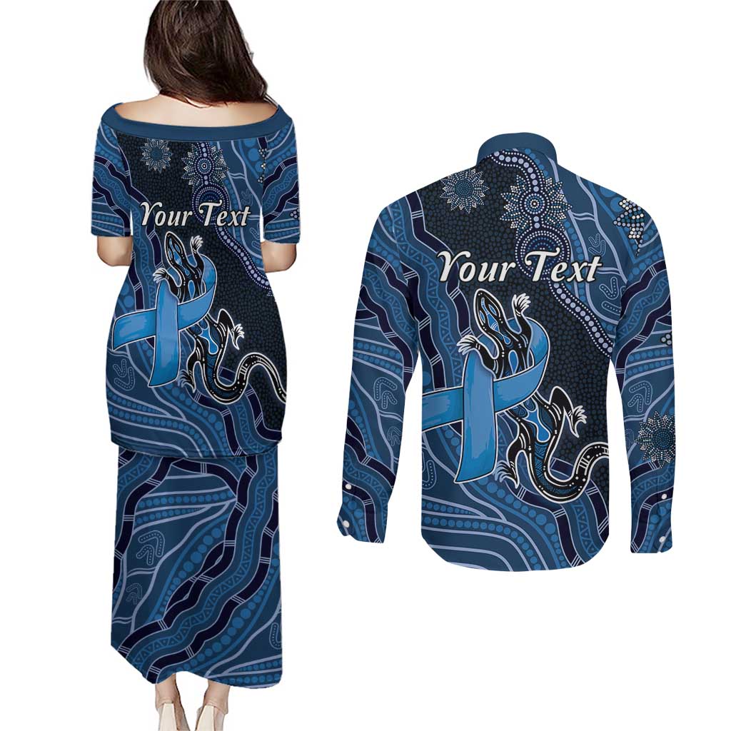 Personalised Autism Awareness Couples Matching Puletasi and Long Sleeve Button Shirt Hope Ribbon And Aboriginal Patterns