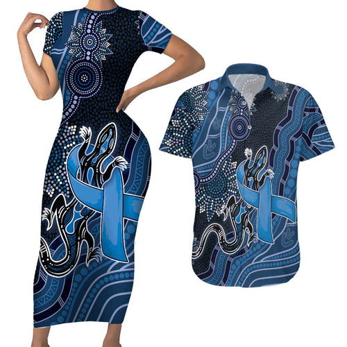 Personalised Autism Awareness Couples Matching Short Sleeve Bodycon Dress and Hawaiian Shirt Hope Ribbon And Aboriginal Patterns