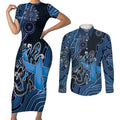 Personalised Autism Awareness Couples Matching Short Sleeve Bodycon Dress and Long Sleeve Button Shirt Hope Ribbon And Aboriginal Patterns