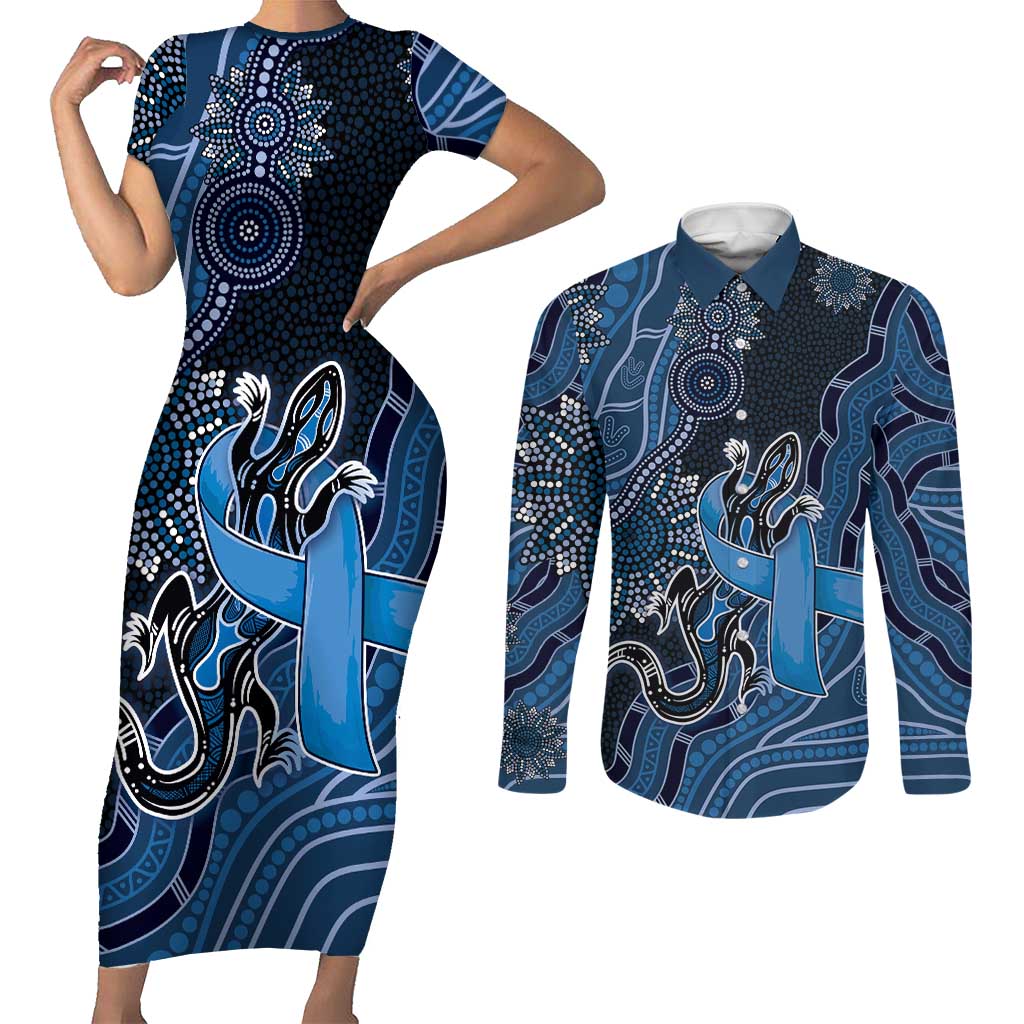 Personalised Autism Awareness Couples Matching Short Sleeve Bodycon Dress and Long Sleeve Button Shirt Hope Ribbon And Aboriginal Patterns