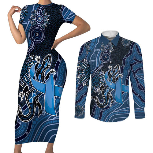 Personalised Autism Awareness Couples Matching Short Sleeve Bodycon Dress and Long Sleeve Button Shirt Hope Ribbon And Aboriginal Patterns