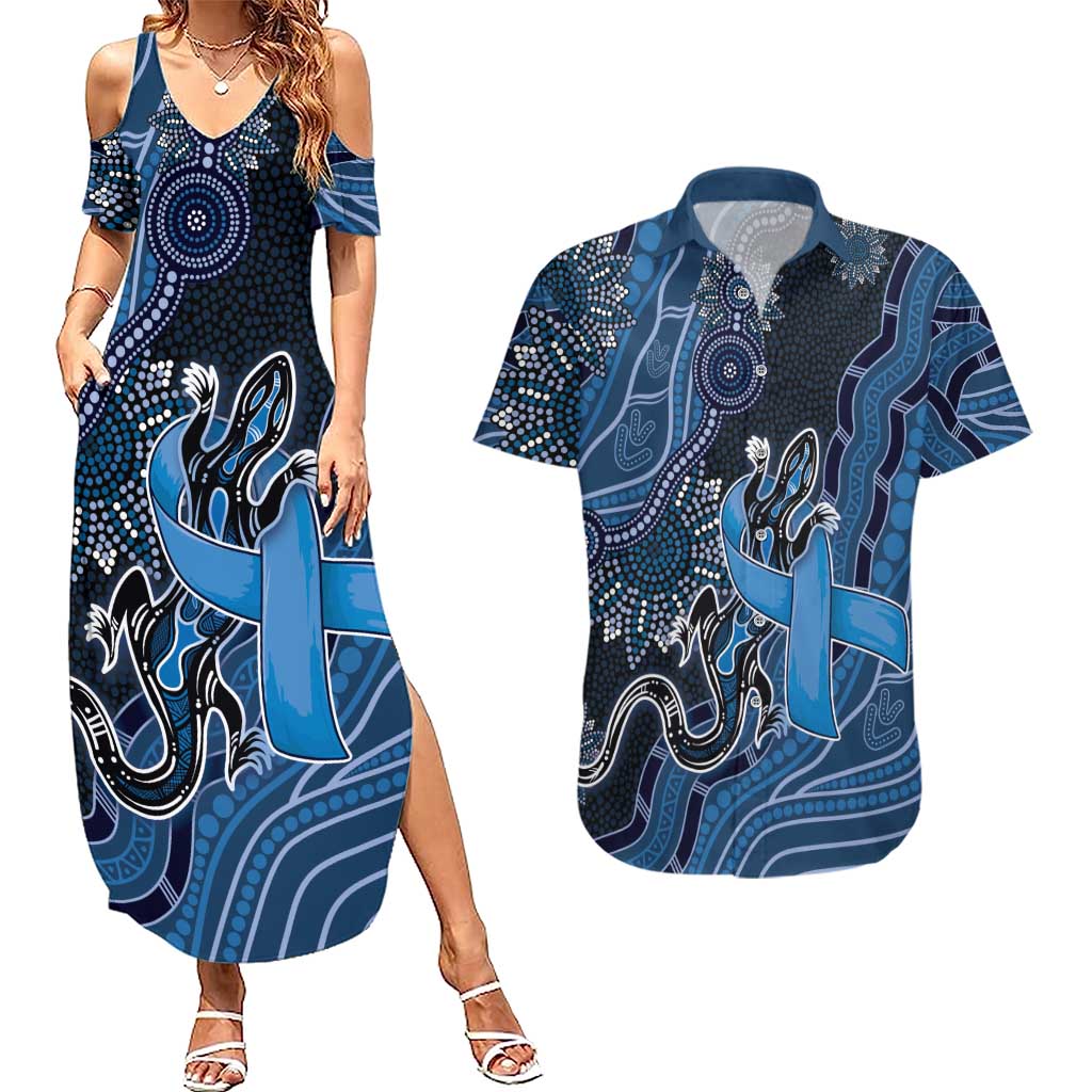 Personalised Autism Awareness Couples Matching Summer Maxi Dress and Hawaiian Shirt Hope Ribbon And Aboriginal Patterns