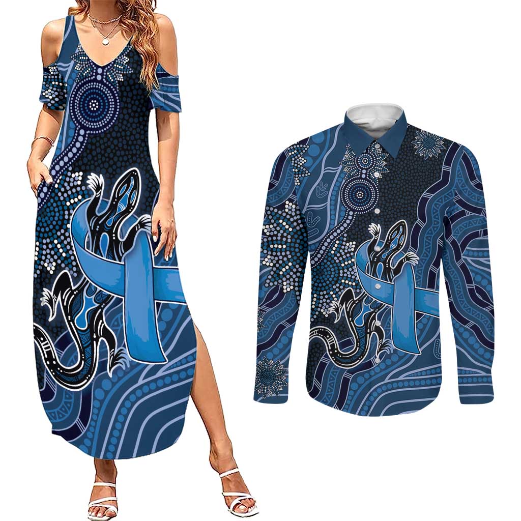 Personalised Autism Awareness Couples Matching Summer Maxi Dress and Long Sleeve Button Shirt Hope Ribbon And Aboriginal Patterns