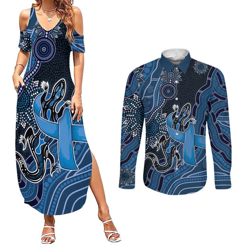 Personalised Autism Awareness Couples Matching Summer Maxi Dress and Long Sleeve Button Shirt Hope Ribbon And Aboriginal Patterns
