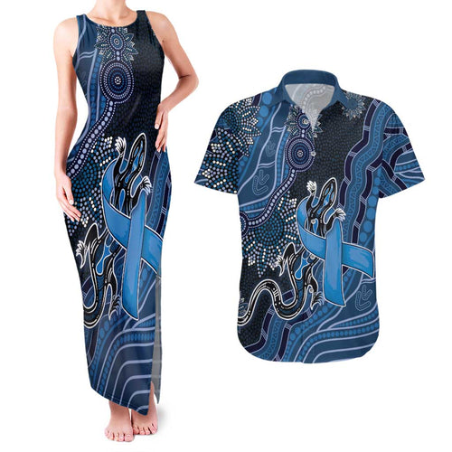 Personalised Autism Awareness Couples Matching Tank Maxi Dress and Hawaiian Shirt Hope Ribbon And Aboriginal Patterns