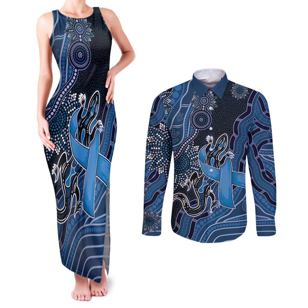 Personalised Autism Awareness Couples Matching Tank Maxi Dress and Long Sleeve Button Shirt Hope Ribbon And Aboriginal Patterns