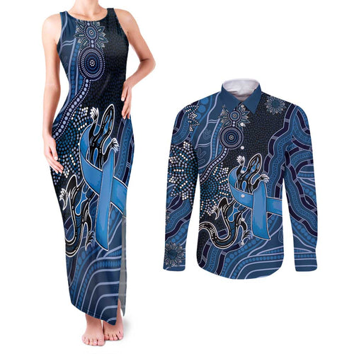 Personalised Autism Awareness Couples Matching Tank Maxi Dress and Long Sleeve Button Shirt Hope Ribbon And Aboriginal Patterns