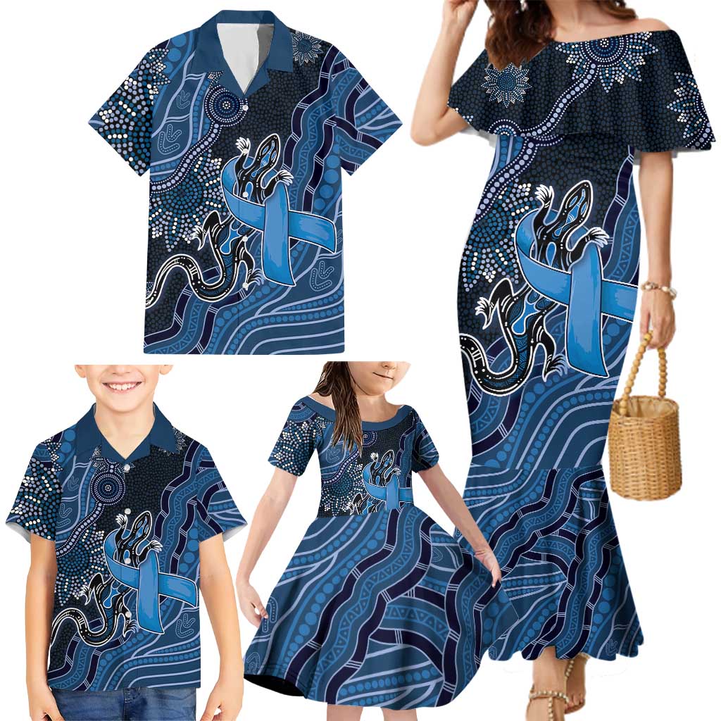 Personalised Autism Awareness Family Matching Mermaid Dress and Hawaiian Shirt Hope Ribbon And Aboriginal Patterns