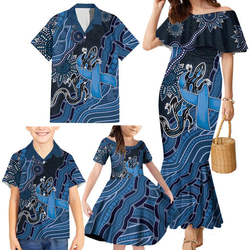 Personalised Autism Awareness Family Matching Mermaid Dress and Hawaiian Shirt Hope Ribbon And Aboriginal Patterns