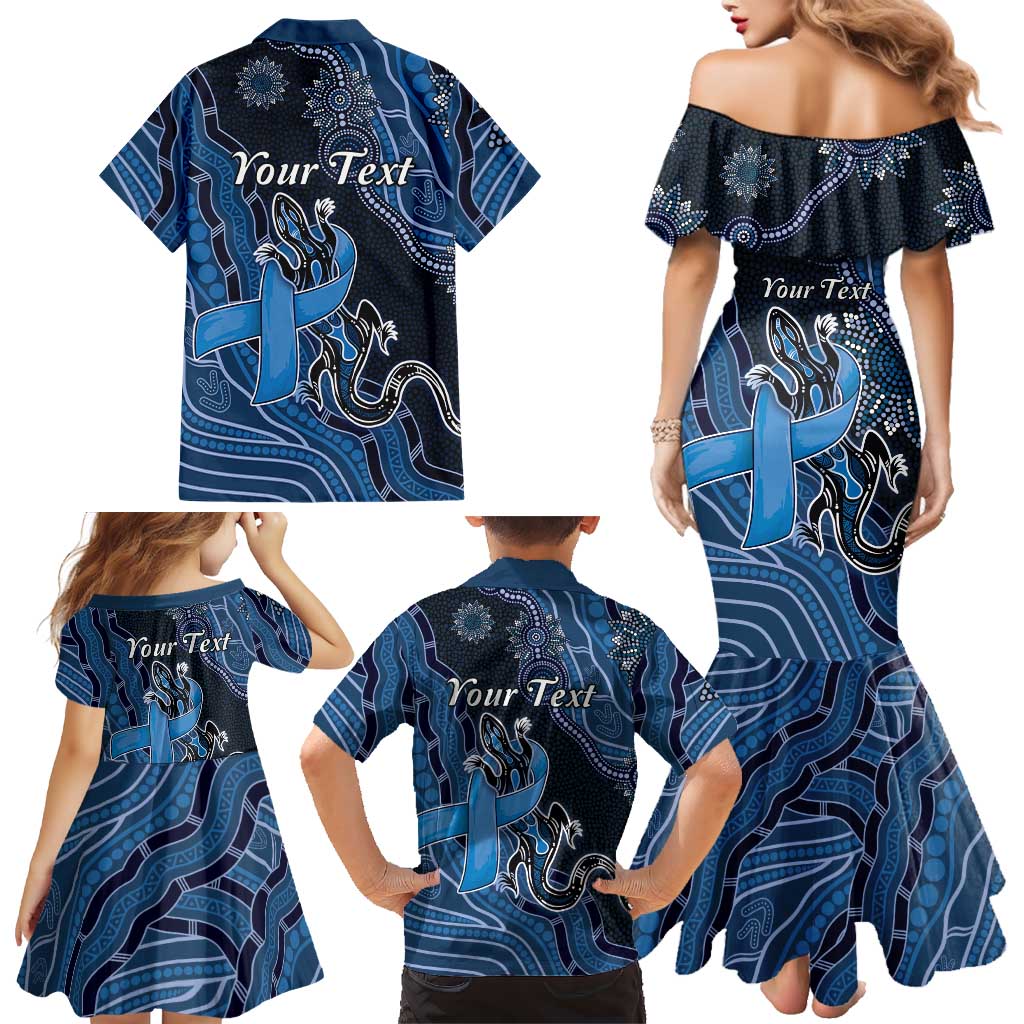 Personalised Autism Awareness Family Matching Mermaid Dress and Hawaiian Shirt Hope Ribbon And Aboriginal Patterns