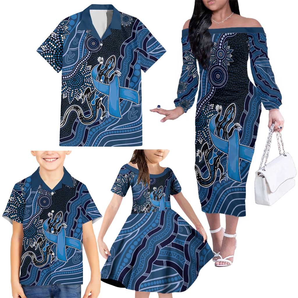 Personalised Autism Awareness Family Matching Off The Shoulder Long Sleeve Dress and Hawaiian Shirt Hope Ribbon And Aboriginal Patterns