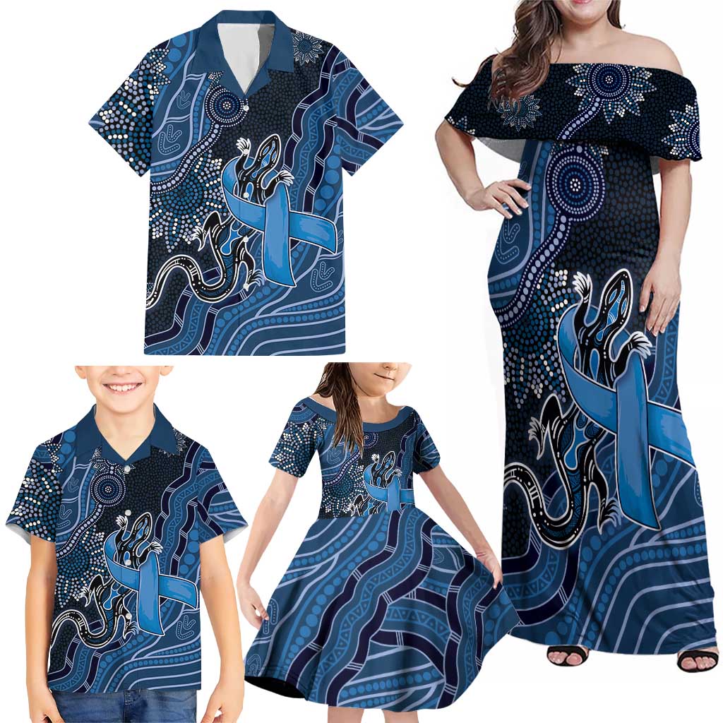 Personalised Autism Awareness Family Matching Off Shoulder Maxi Dress and Hawaiian Shirt Hope Ribbon And Aboriginal Patterns
