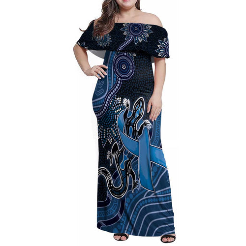 Personalised Autism Awareness Family Matching Off Shoulder Maxi Dress and Hawaiian Shirt Hope Ribbon And Aboriginal Patterns