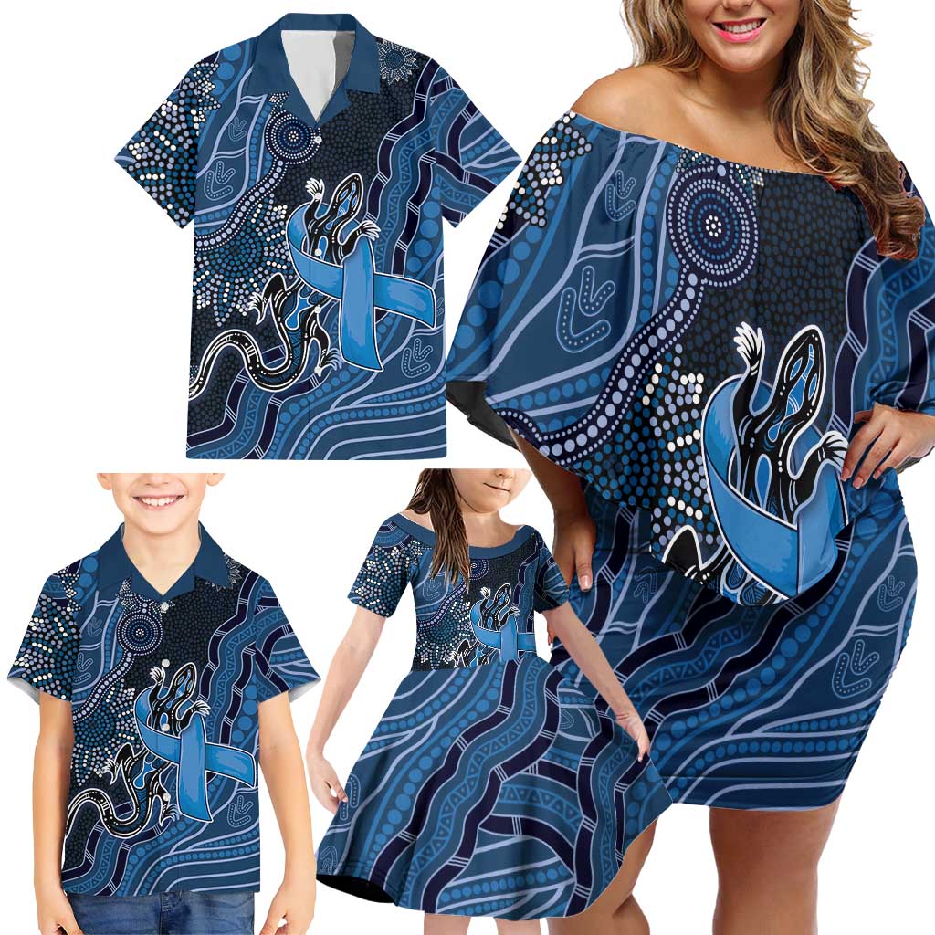 Personalised Autism Awareness Family Matching Off Shoulder Short Dress and Hawaiian Shirt Hope Ribbon And Aboriginal Patterns