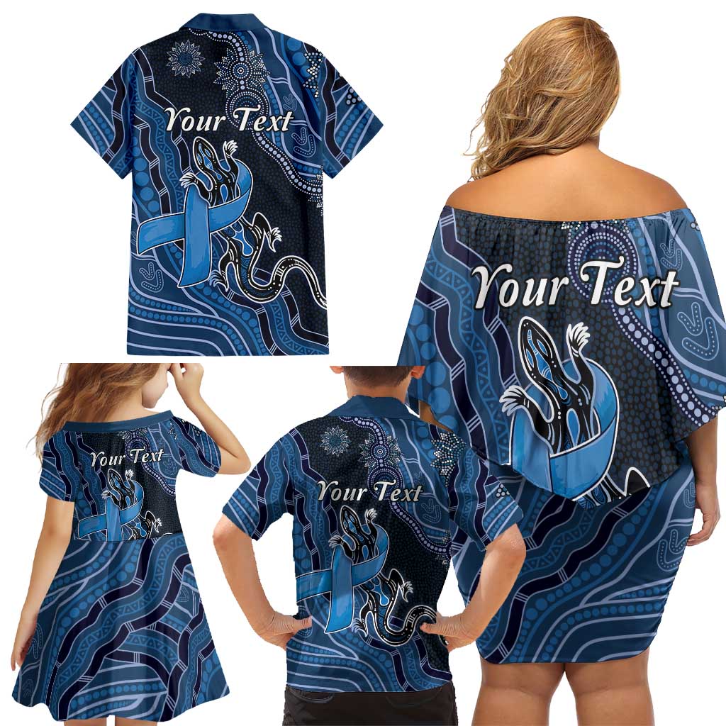Personalised Autism Awareness Family Matching Off Shoulder Short Dress and Hawaiian Shirt Hope Ribbon And Aboriginal Patterns