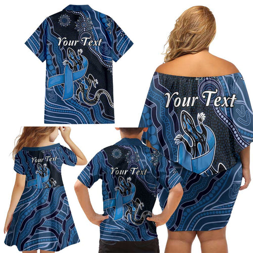 Personalised Autism Awareness Family Matching Off Shoulder Short Dress and Hawaiian Shirt Hope Ribbon And Aboriginal Patterns