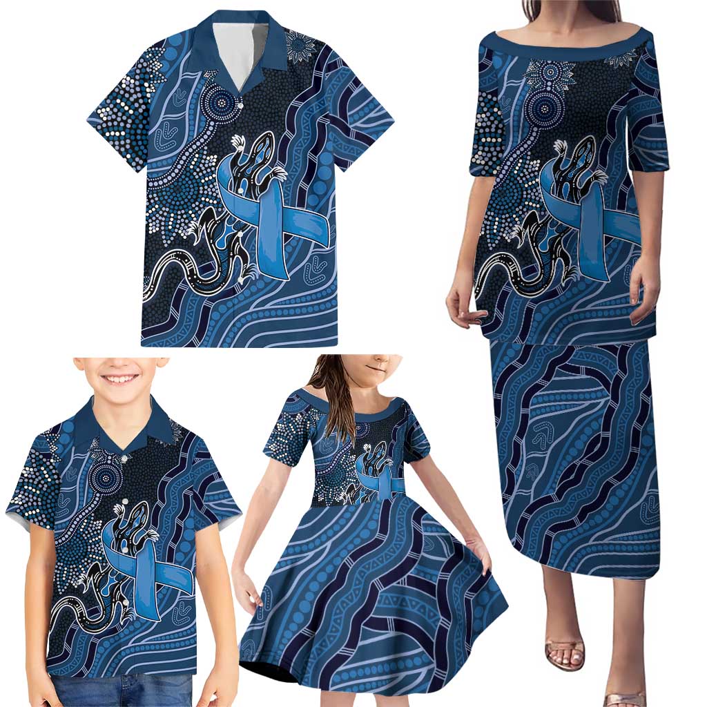 Personalised Autism Awareness Family Matching Puletasi and Hawaiian Shirt Hope Ribbon And Aboriginal Patterns