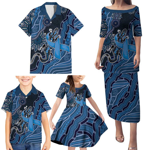 Personalised Autism Awareness Family Matching Puletasi and Hawaiian Shirt Hope Ribbon And Aboriginal Patterns