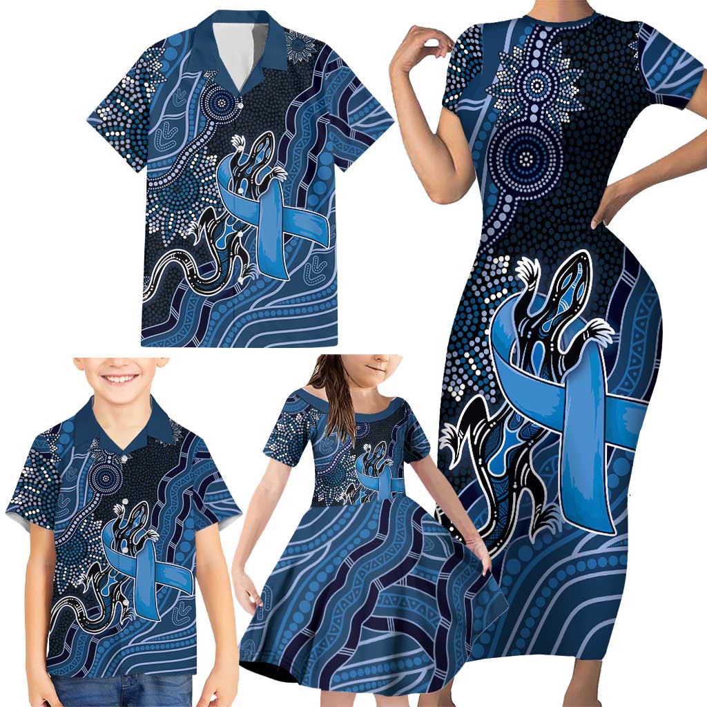 Personalised Autism Awareness Family Matching Short Sleeve Bodycon Dress and Hawaiian Shirt Hope Ribbon And Aboriginal Patterns