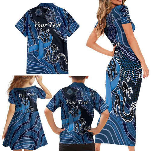 Personalised Autism Awareness Family Matching Short Sleeve Bodycon Dress and Hawaiian Shirt Hope Ribbon And Aboriginal Patterns