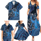 Personalised Autism Awareness Family Matching Summer Maxi Dress and Hawaiian Shirt Hope Ribbon And Aboriginal Patterns