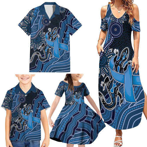 Personalised Autism Awareness Family Matching Summer Maxi Dress and Hawaiian Shirt Hope Ribbon And Aboriginal Patterns