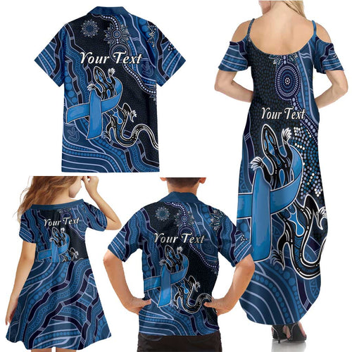 Personalised Autism Awareness Family Matching Summer Maxi Dress and Hawaiian Shirt Hope Ribbon And Aboriginal Patterns
