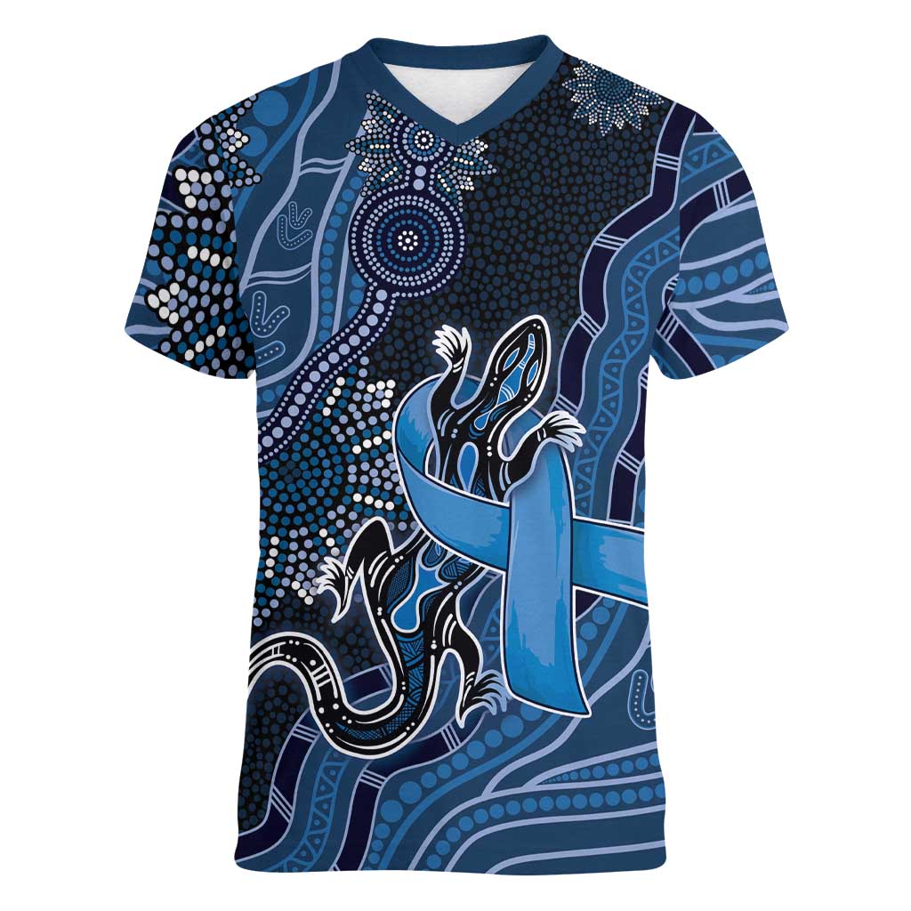 Personalised Autism Awareness Women V-Neck T-Shirt Hope Ribbon And Aboriginal Patterns