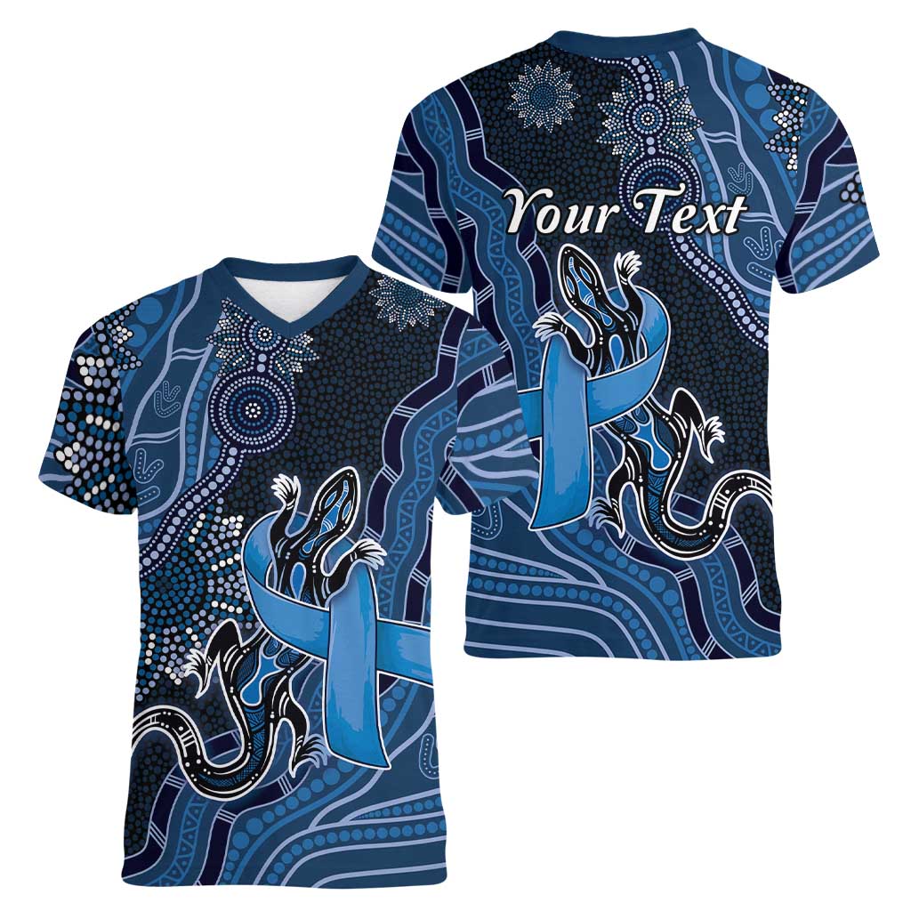 Personalised Autism Awareness Women V-Neck T-Shirt Hope Ribbon And Aboriginal Patterns