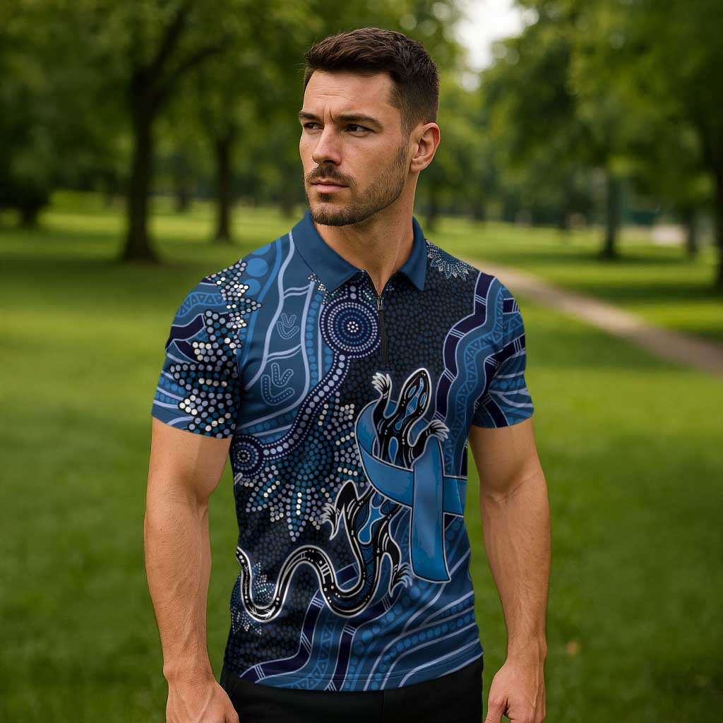 Personalised Autism Awareness Zipper Polo Shirt Hope Ribbon And Aboriginal Patterns