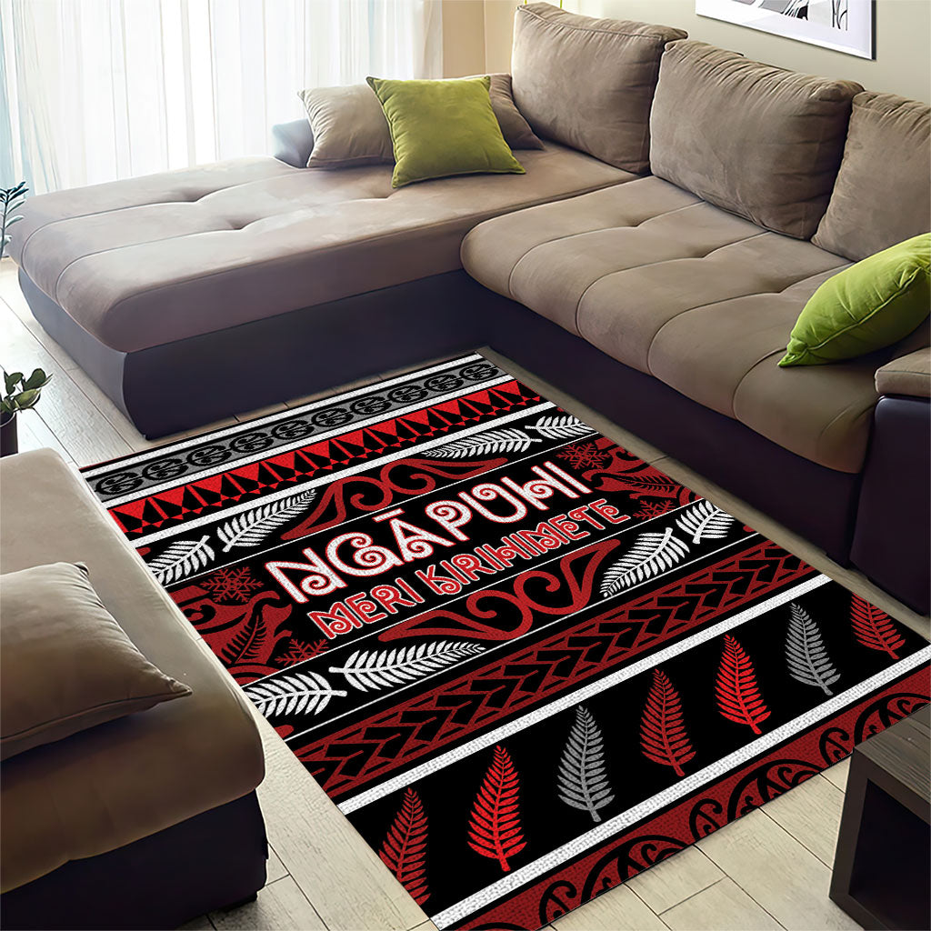 Ngapuhi Aotearoa Meri Kirihimete Area Rug Maori Silver Fern Koru Tribal Pattern