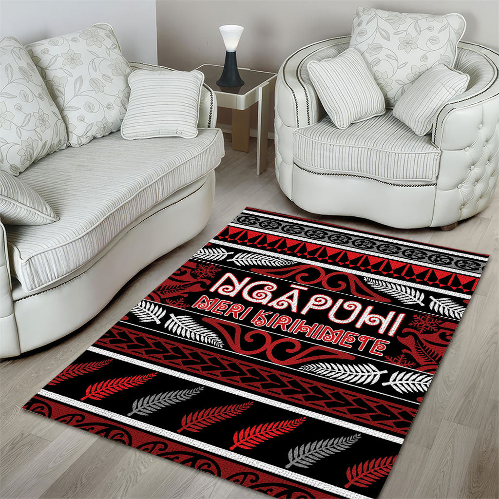 Ngapuhi Aotearoa Meri Kirihimete Area Rug Maori Silver Fern Koru Tribal Pattern