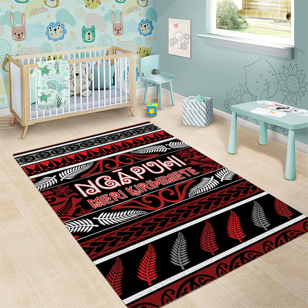 Ngapuhi Aotearoa Meri Kirihimete Area Rug Maori Silver Fern Koru Tribal Pattern