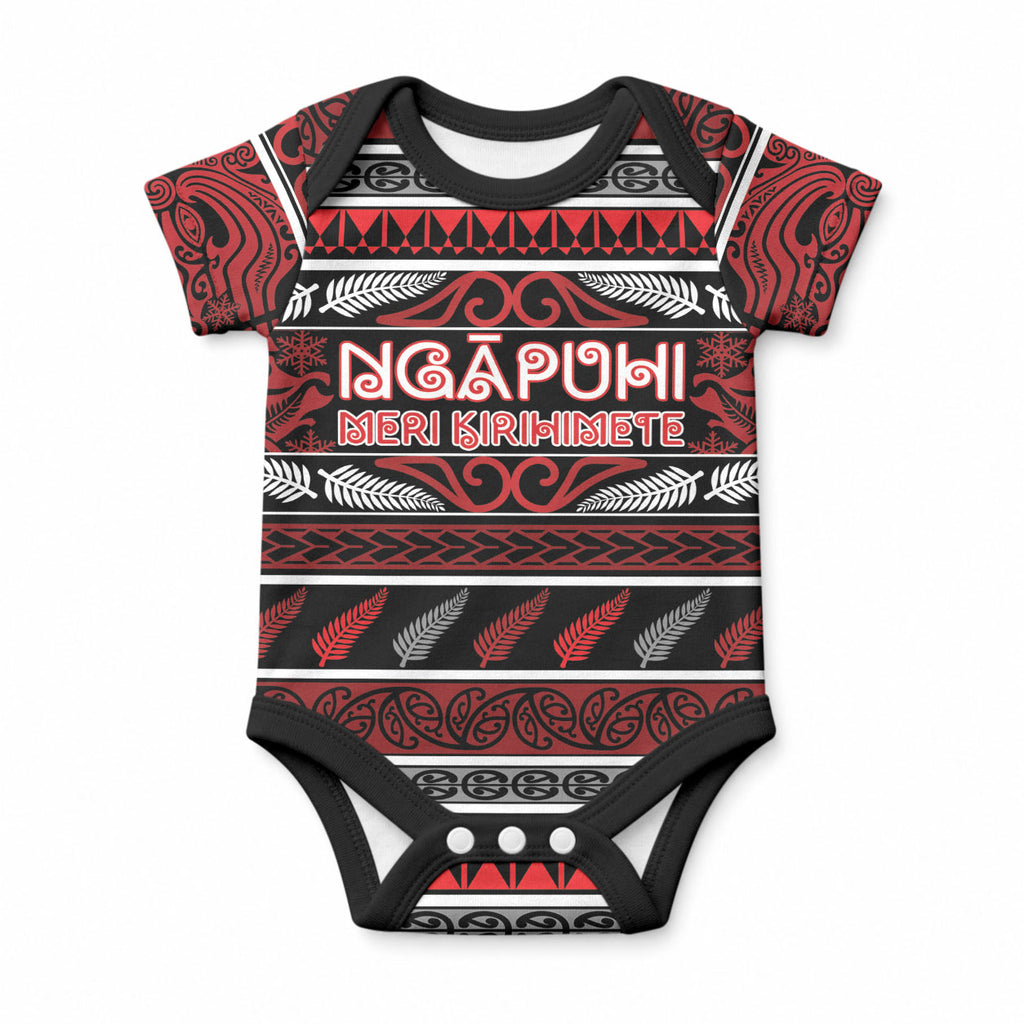 Personalised Ngapuhi Aotearoa Meri Kirihimete Baby Onesie Maori Silver Fern Koru Tribal Pattern