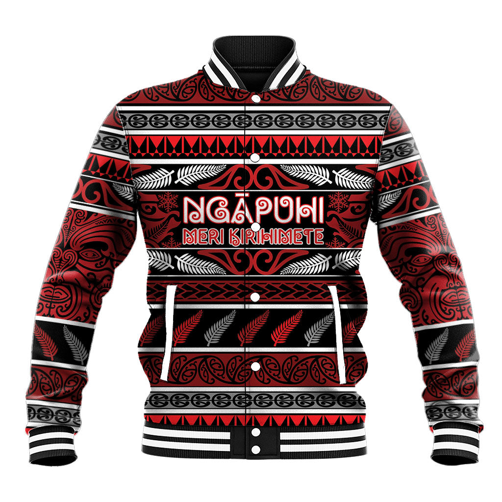 Personalised Ngapuhi Aotearoa Meri Kirihimete Baseball Jacket Maori Silver Fern Koru Tribal Pattern