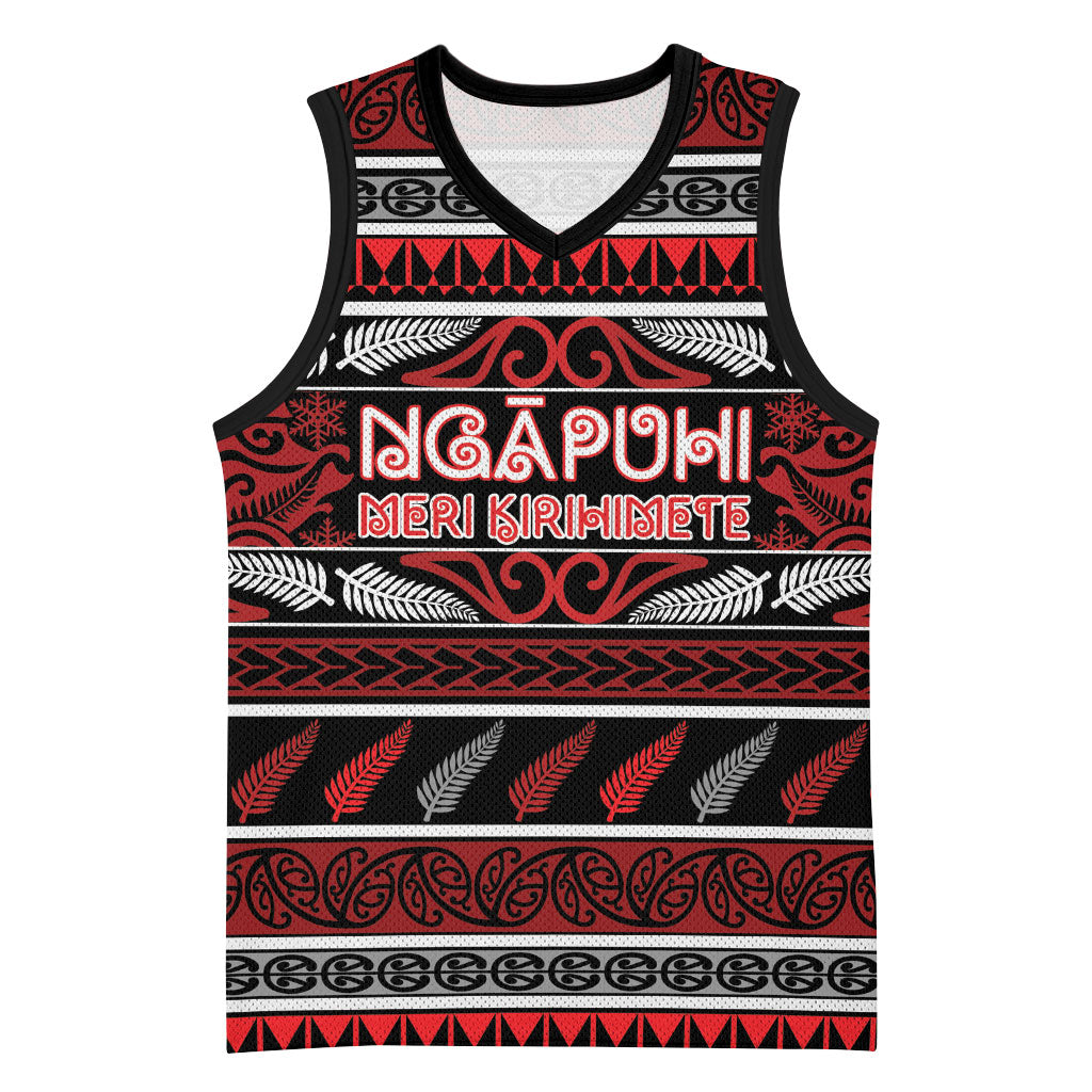 Personalised Ngapuhi Aotearoa Meri Kirihimete Basketball Jersey Maori Silver Fern Koru Tribal Pattern