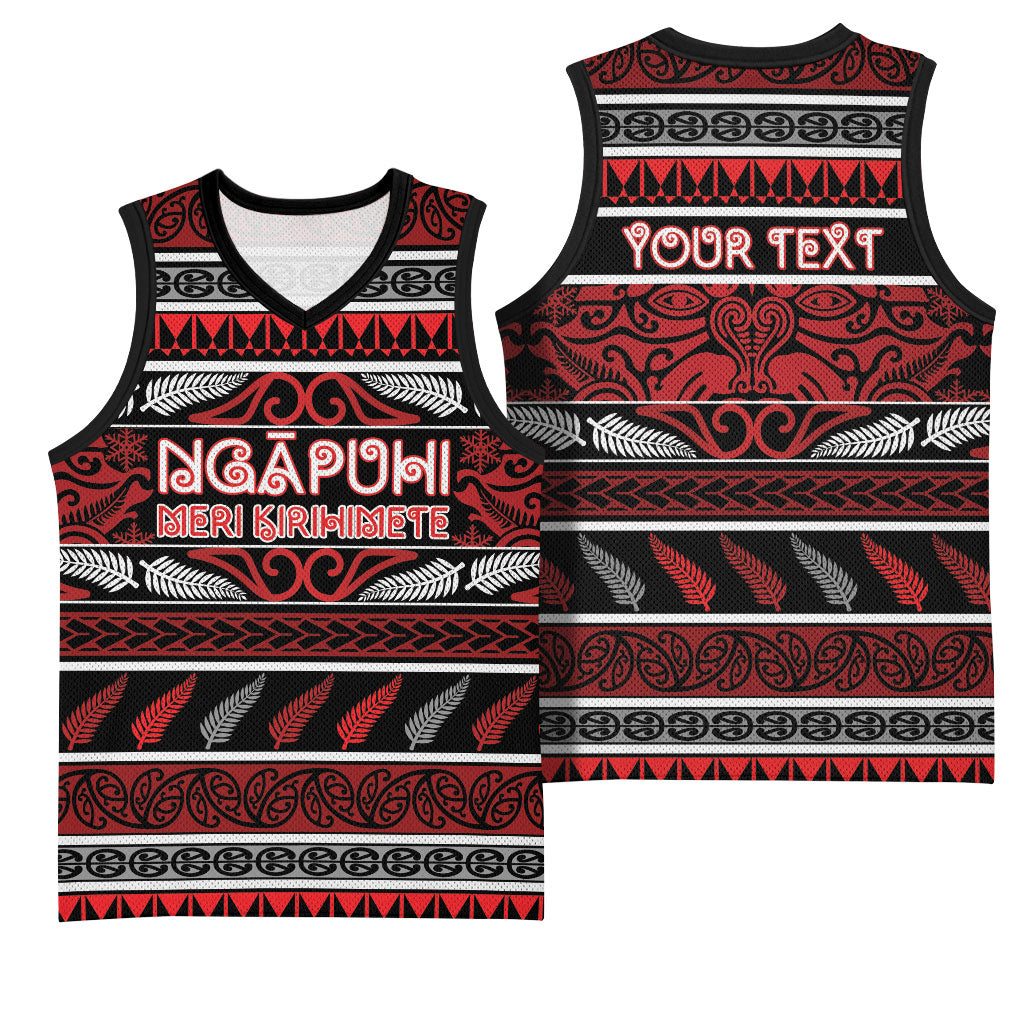 Personalised Ngapuhi Aotearoa Meri Kirihimete Basketball Jersey Maori Silver Fern Koru Tribal Pattern