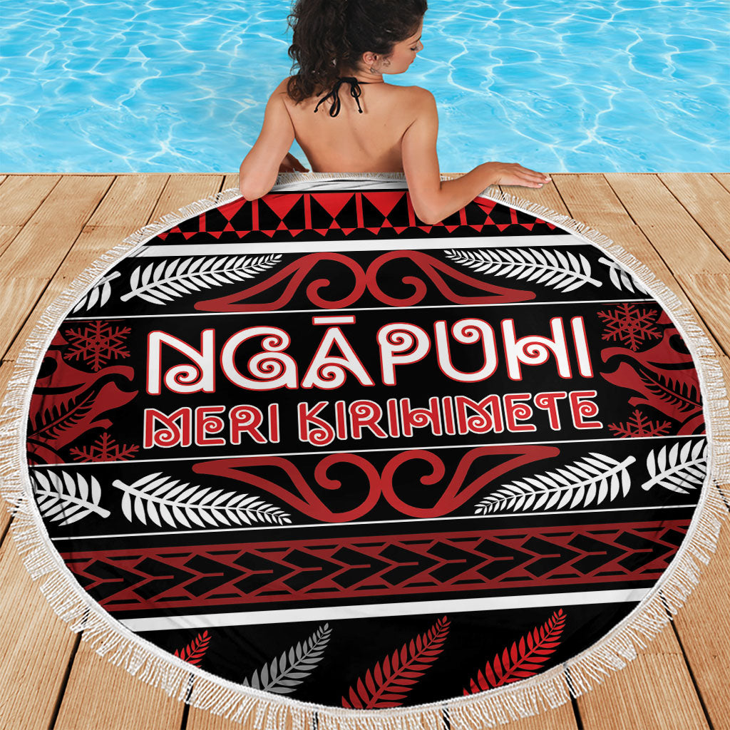 Ngapuhi Aotearoa Meri Kirihimete Beach Blanket Maori Silver Fern Koru Tribal Pattern
