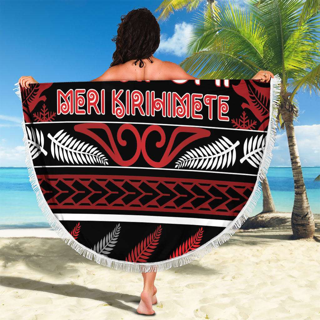 Ngapuhi Aotearoa Meri Kirihimete Beach Blanket Maori Silver Fern Koru Tribal Pattern