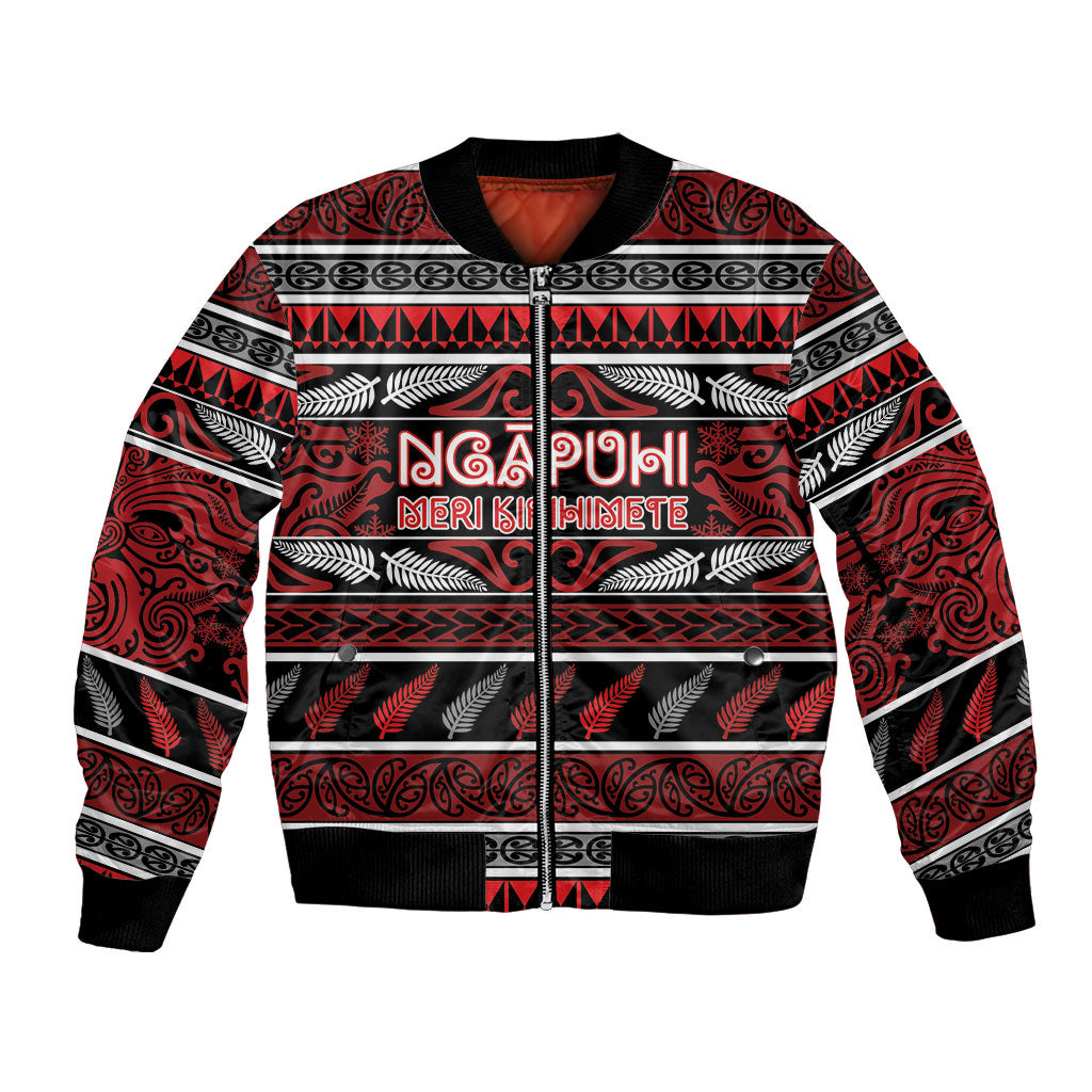 Personalised Ngapuhi Aotearoa Meri Kirihimete Bomber Jacket Maori Silver Fern Koru Tribal Pattern
