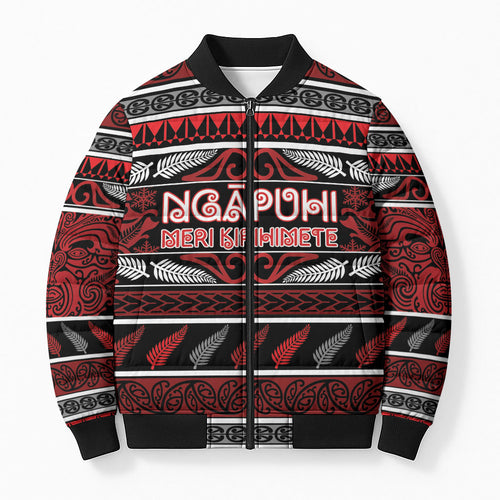 Personalised Ngapuhi Aotearoa Meri Kirihimete Bomber Puffer Jacket Maori Silver Fern Koru Tribal Pattern