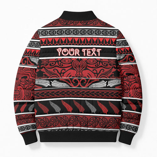 Personalised Ngapuhi Aotearoa Meri Kirihimete Bomber Puffer Jacket Maori Silver Fern Koru Tribal Pattern