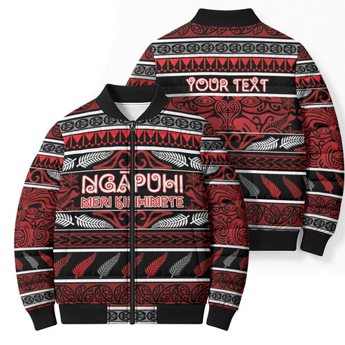 Personalised Ngapuhi Aotearoa Meri Kirihimete Bomber Puffer Jacket Maori Silver Fern Koru Tribal Pattern