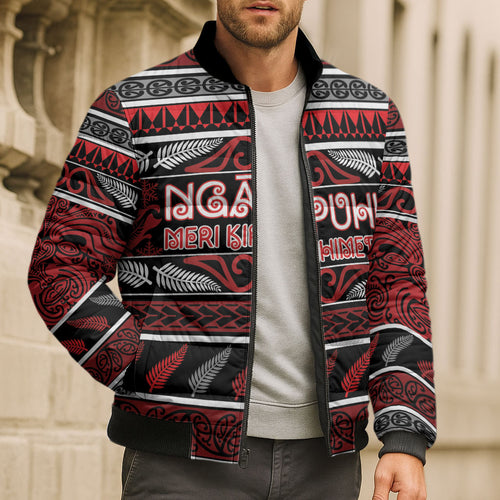 Personalised Ngapuhi Aotearoa Meri Kirihimete Bomber Puffer Jacket Maori Silver Fern Koru Tribal Pattern