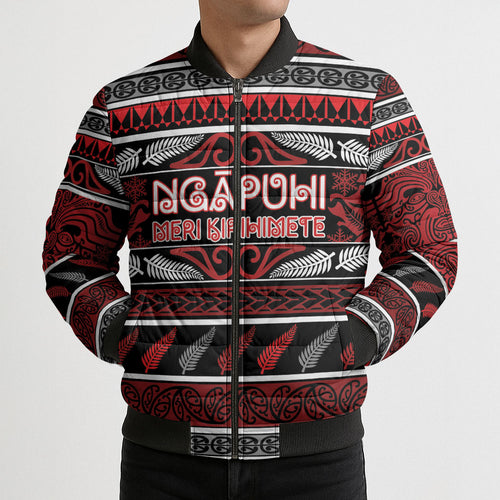 Personalised Ngapuhi Aotearoa Meri Kirihimete Bomber Puffer Jacket Maori Silver Fern Koru Tribal Pattern